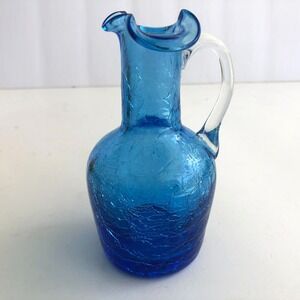 Vintage Azure Blue Crackle Art Pilgrim Glass Clear Handle Glass Mini Pitcher